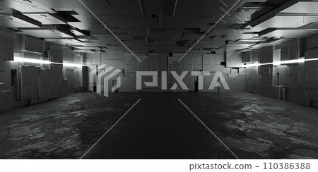 A Dimly Lit Room with Ceiling Lights 3d render illustration 110386388