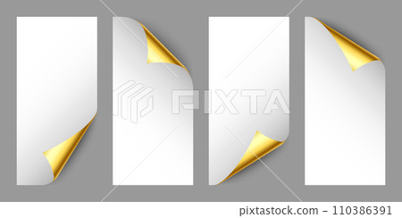 Set of golden paper curls. Curled page corner with shadow. Blank sheet of paper. Colorful shiny foil. Design element for advertising and promotion. Vector illustration. Set of golden paper curls. Curled page corner with shadow. Blank sheet of paper. Colorful shiny foil. Design element for advertising and promotion. Vector illustration. 110386391