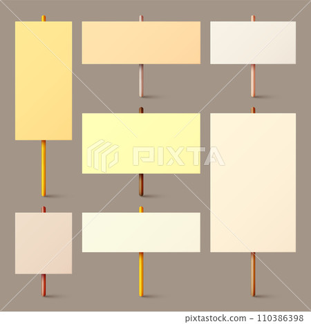 Blank colorful protest sign with wooden holder. Realistic vector demonstration banner. Strike action cardboard placard mockup 110386398