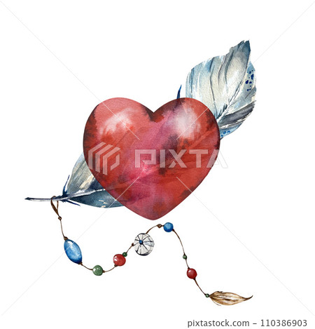 watercolor composition of a bright red heart, blue feather and beads. handmade work. isolated on a white background. can be used for Valentine's day design. 110386903