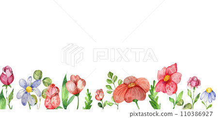 a flower garland. Horizontal watercolor composition of light summer wildflowers. isolated on a white background. for the design of banners, postcards, invitations 110386927