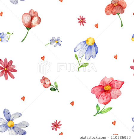 seamless pattern of watercolor flowers. light, bright, wildflowers. on a white background. for the design of textiles, stationery, postcards seamless pattern of watercolor flowers. light, bright, wildflowers. on a white background. for the design of textiles, stationery, postcards 110386933