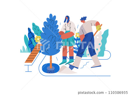 Mutual Support: Community yard improvement -modern flat vector concept illustration of people planting trees and plants A metaphor of voluntary, collaborative exchanges of resource, services Mutual Support: Community yard improvement -modern flat vector concept illustration of people planting trees and plants A metaphor of voluntary, collaborative exchanges of resource, services 110386935