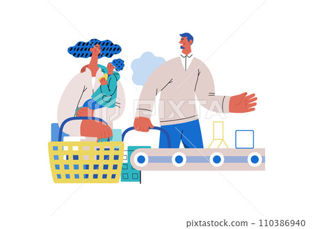 Mutual Support: Skip ahead in line -modern flat vector concept illustration of man letting woman with child go ahead in shop checkout line A metaphor of voluntary, collaborative exchanges of services 110386940