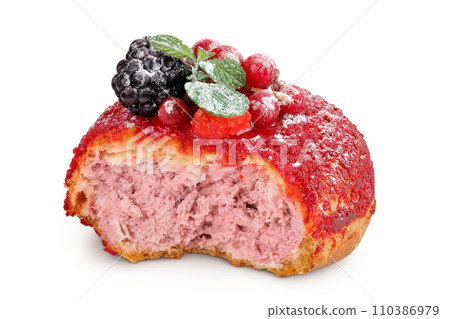 Cake shu eclairs with berries and red crumble isolated on white background Cake shu eclairs with berries and red crumble isolated on white background 110386979