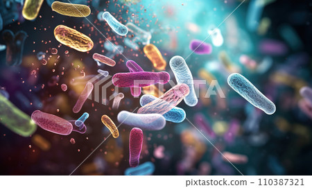 Probiotics and bacteria. 3D illustration of a gram-negative rod-shaped bacteria with a single polar flagellum. Biology and microscopic medicine Probiotics and bacteria. 3D illustration of a gram-negative rod-shaped bacteria with a single polar flagellum. Biology and microscopic medicine 110387321