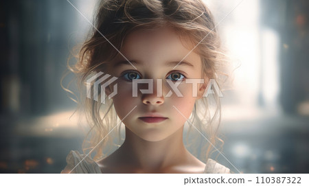 Portrait of a little girl with blue eyes in a light room. 110387322