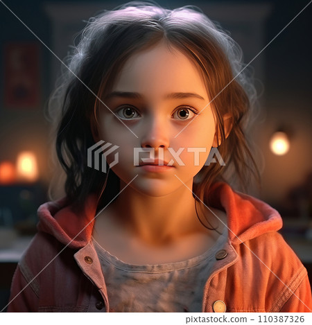 Cute little girl looks hopefully at the camera. Children's emotions. Expectation of care and warmth. 110387326