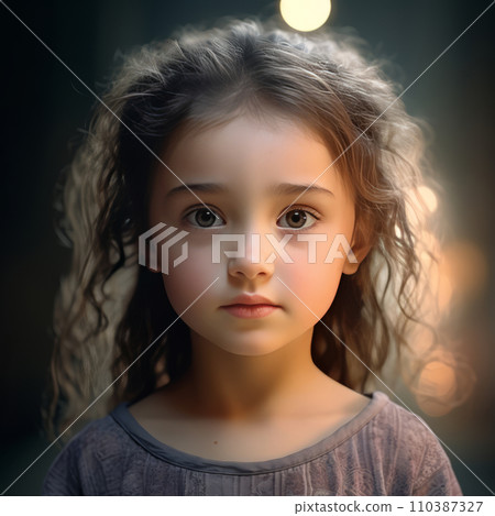 Portrait of a beautiful little girl with long hair in a gray dress. Portrait of a beautiful little girl with long hair in a gray dress. 110387327
