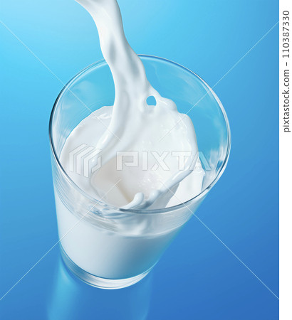 AI-generated content. Milk pouring into glass with splash on blue background, top view with copy space, AI generated AI-generated content. Milk pouring into glass with splash on blue background, top view with copy space, AI generated 110387330