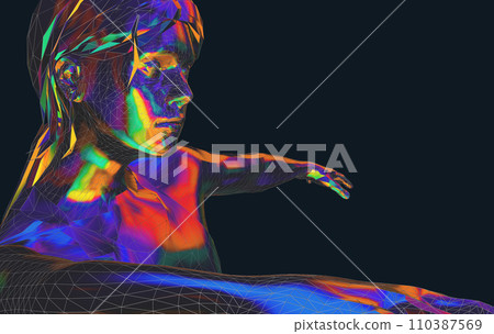 Color illustration of a person doing sports, meditative yoga exercises or gymnastics in low poly style - 3d illustration 110387569