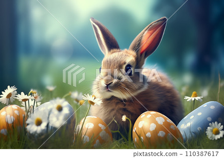 Cute Easter Bunny and Easter Eggs with green grasses and flower. Easter Day Concept. Generative Ai. Cute Easter Bunny and Easter Eggs with green grasses and flower. Easter Day Concept. Generative Ai. 110387617