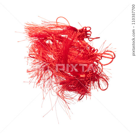 Many Red Chinese Tassel float in air with tail fly. Many Red China Tassels get wind blow hanging and thread tie up mess. Chinese New Year decorative items. White background isolated 110387700
