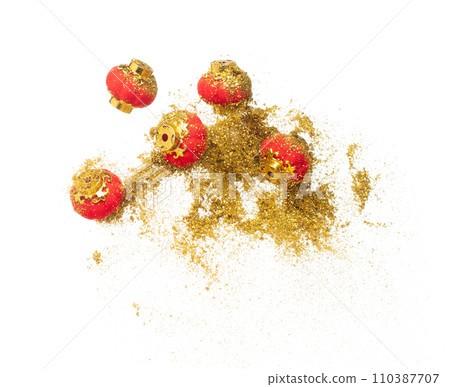 Gold Chinese Money lantern fly with dust particle in air. Chinese new year Yuanbao gold lantern floating to golden money sand particle. Language is wealthy prosperity. White background isolated 110387707