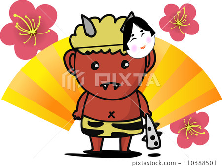 Illustration of a cute Setsubun demon with plum blossoms and a fan Illustration of a cute Setsubun demon with plum blossoms and a fan 110388501
