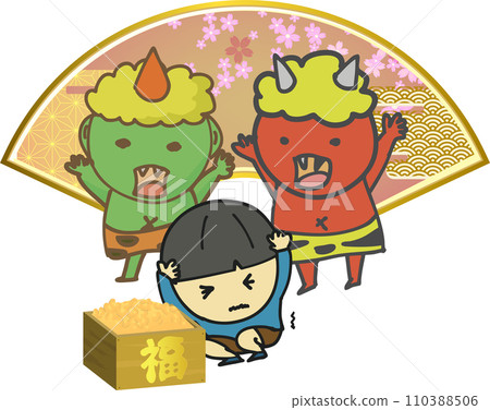 Illustration of a cute demon throwing beans Illustration of a cute demon throwing beans 110388506