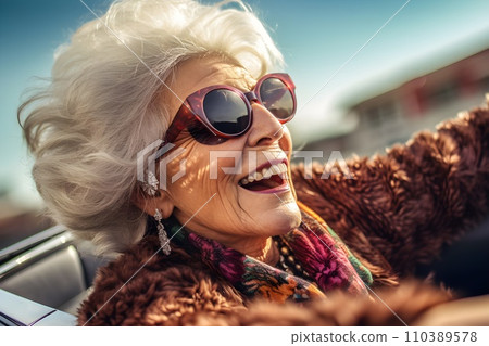 Grandma driving a convertible car 1 AI generated image 110389578