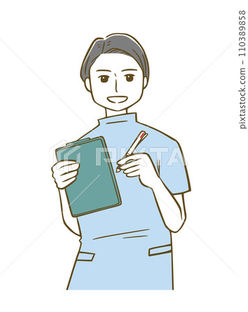 A male nurse in a light blue nurse uniform taking notes on a clipboard 110389858