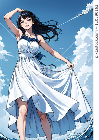 Illustration of a woman wearing a white dress against the blue sky 110390162