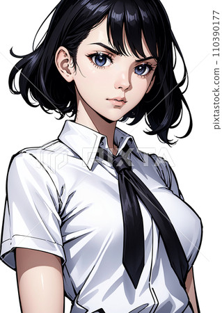 Illustration of a woman in summer clothes with a serious expression 110390177