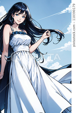 Illustration of a woman wearing a white dress against the blue sky 110390179