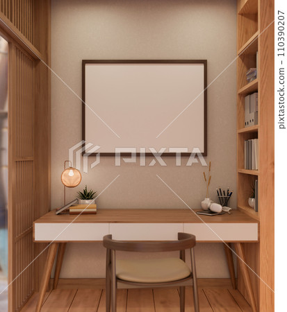 A blank picture frame mockup on the wall in a modern, Scandinavian working room. 110390207