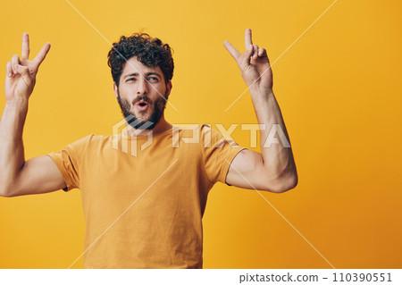 Attractive man person young isolated guy happy showing cheerful portrait background adult hand smile Attractive man person young isolated guy happy showing cheerful portrait background adult hand smile 110390551