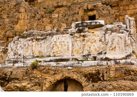 Marble reliefs decorating Roman theater in ancient city of Perga, Turkey Marble reliefs decorating Roman theater in ancient city of Perga, Turkey 110390869