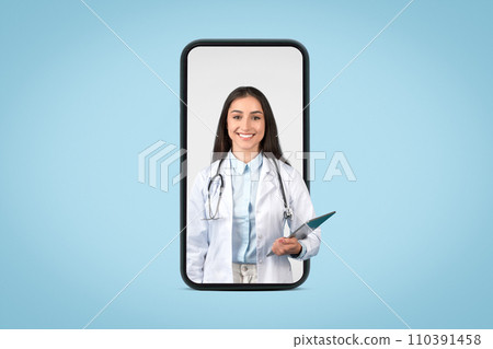 Smiling woman doctor on app screen with clipboard 110391458