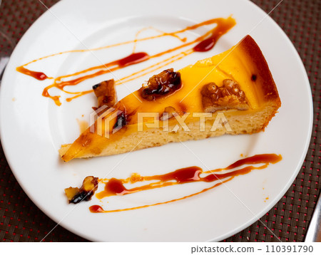 Piece of pie with walnuts served in a plate Piece of pie with walnuts served in a plate 110391790