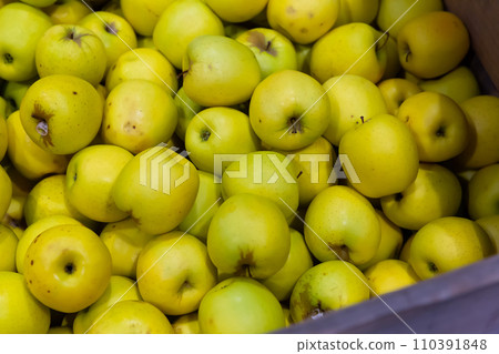 Fresh apples on the counter in supermarket, nobody 110391848