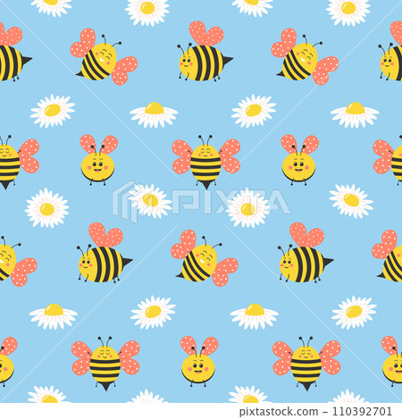 Cute bee characters and daisies seamless pattern. Funny cartoon honeybees  110392701