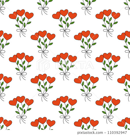Seamless Pattern with Bouquet of flowers in the shape of hearts and leaves. Valentine Day background. Vector cartoon flat illustration. 110392947