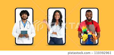 Smiling professionals in smartphone screens looking at camera 110392961