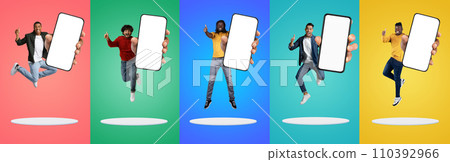 Cool App. Happy Multiethnic Men Demonstrating Big Blank Smartphones With White Screen 110392966