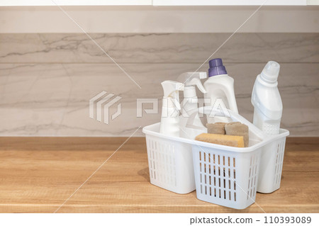 Chemical detergent bathroom laundry hygiene cleaning plastic basket storage organizing wooden table Chemical detergent bathroom laundry hygiene cleaning plastic basket storage organizing wooden table 110393089