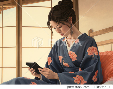 穿著和服的女人看著智慧型手機 110393505