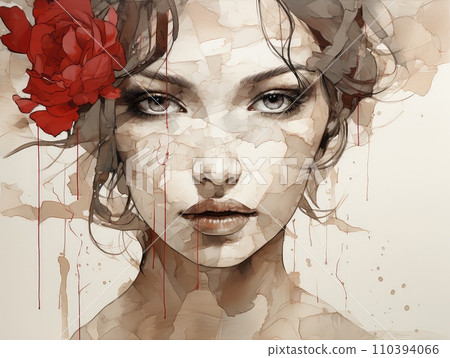 Abstract Woman Face Illustration with Vintage Roses and Grunge Texture Abstract Woman Face Illustration with Vintage Roses and Grunge Texture 110394066