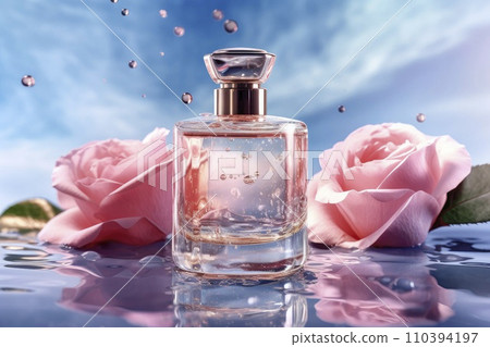 AI-generated content. Exquisite perfume bottle amidst tranquil waters. Perfect for high-end cosmetic branding AI-generated content. Exquisite perfume bottle amidst tranquil waters. Perfect for high-end cosmetic branding 110394197