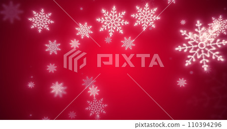 Christmas festive bright New Year background made of white glowing winter beautiful falling flying snowflakes patterns on a red background Christmas festive bright New Year background made of white glowing winter beautiful falling flying snowflakes patterns on a red background 110394296