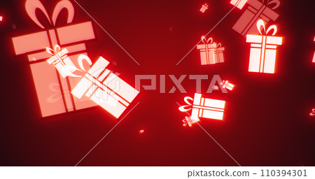Christmas festive bright New Year background from gift boxes glowing winter beautiful falling flying pattern on red background Christmas festive bright New Year background from gift boxes glowing winter beautiful falling flying pattern on red background 110394301