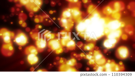 Abstract yellow blurred holiday background with magical bokeh of glowing bright light energy small particles of flying dots on a black background 110394309