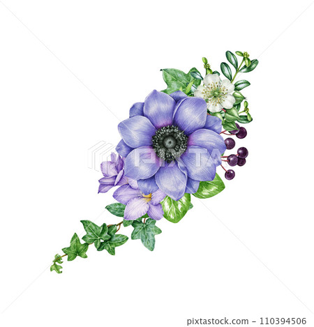 Vintage style floral decor. Watercolor painted illustration. Garden lush flowers with green leaves decoration. Blue anemone, raspberry, ivy leaf element. Springtime natural decor. White background Vintage style floral decor. Watercolor painted illustration. Garden lush flowers with green leaves decoration. Blue anemone, raspberry, ivy leaf element. Springtime natural decor. White background 110394506