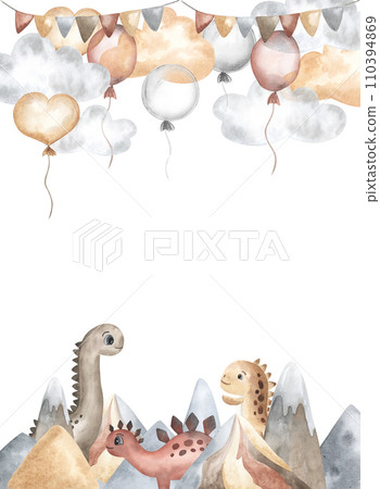 Birthday dinosaur theme clouds, bunting flags, air balloons and mountains. watercolor invitation card template background for kids. Hand drawn card. Birthday dinosaur theme clouds, bunting flags, air balloons and mountains. watercolor invitation card template background for kids. Hand drawn card. 110394869