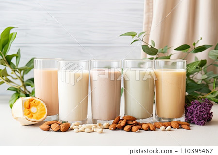 Set of various vegan milk almond, soy, rice, coconut, quinoa, brazil nut, cashew, oat. Dairy free, plant based drink, AI Generated 110395467