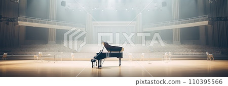 Elegant black grand piano in a large concert hall. Generative AI Elegant black grand piano in a large concert hall. Generative AI 110395566