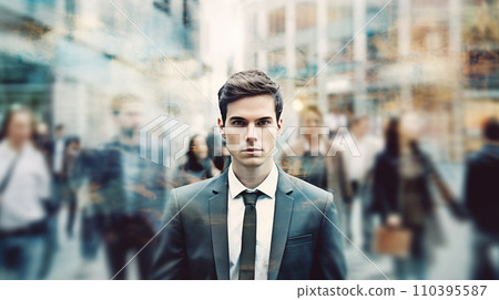 AI-generated content. A young man in a stressed or depressed state against the backdrop of moving people along a city street. Mental health 110395587