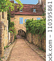 Impressionism style illustration of a cobbled lane in France passing under an arch of a medieval stone house with blue shutters. Leaves overhang stone walls. Vertical aspect. Vector illustration 110395861