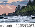 Vector landscape of a rocky Oregon, Northern California coast pine covered beach at sunset. Waves crashing on rocks, cliffside. Art deco poster, postcard style. Vector illustration 110395863