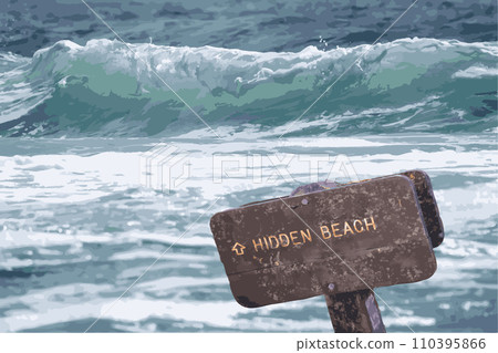 Vector blue green ocean waves and sign on a coast. Weathered brown wooden way sign of a rocky Oregon, Northern California coast. Waves crashing. Art deco poster, postcard style. Vector illustration Vector blue green ocean waves and sign on a coast. Weathered brown wooden way sign of a rocky Oregon, Northern California coast. Waves crashing. Art deco poster, postcard style. Vector illustration 110395866